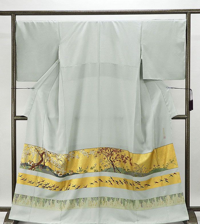 色留袖 正絹 慶春花鳥風月図 身丈152cm 裄丈65.5cm 色留袖 紋なし リサイクル 着物 f0167