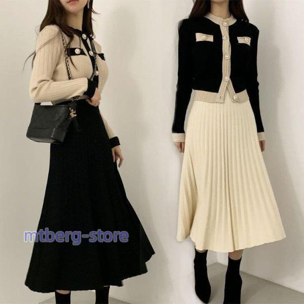 ニットワンピース セットアップ レディース 40代 秋冬 プリーツ タイトスカートセットアップ フリンジ 膝丈 きれいめ 長袖セーター 通勤 着痩せ オシャレ