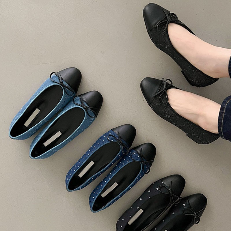 4color ユニークなドット柄．ナンバーパターン ローヒール ラウンドトゥ 異素材ミックス リボン付き デニム．ファブリック デイリーバレエシューズ．フラットシューズ