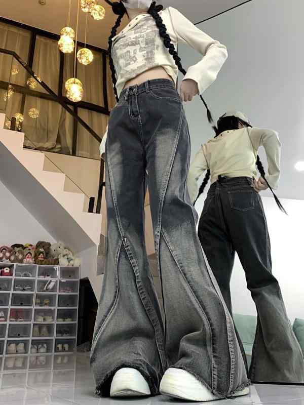 デニムパンツ レディース ボトムス タイダイ ジーンズ アメリカン ストリート ダメージ加工 ウォッシュ ローエッジ ストレート フレア 夏