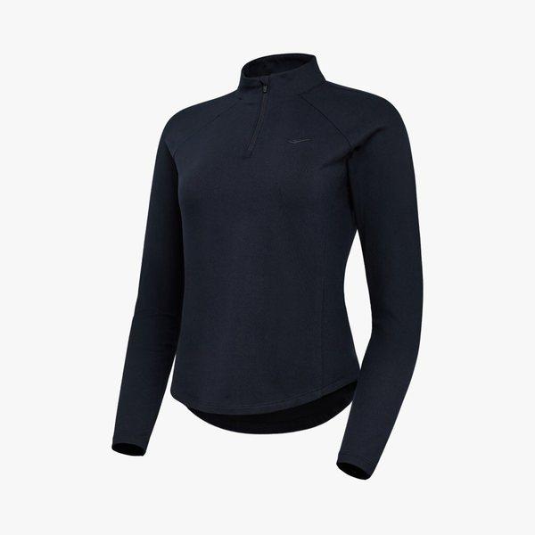 女性用ブラック裏起毛ハーフジップセミクロップドTシャツ / 女性用秋冬ジップT PW3WF24F112_IC