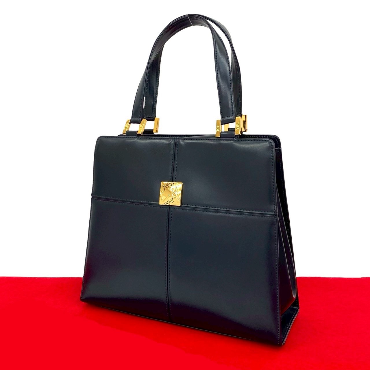 ヴィンテージ YSL ロゴ 金具ハンドバッグ レザー ネイビー 24751
