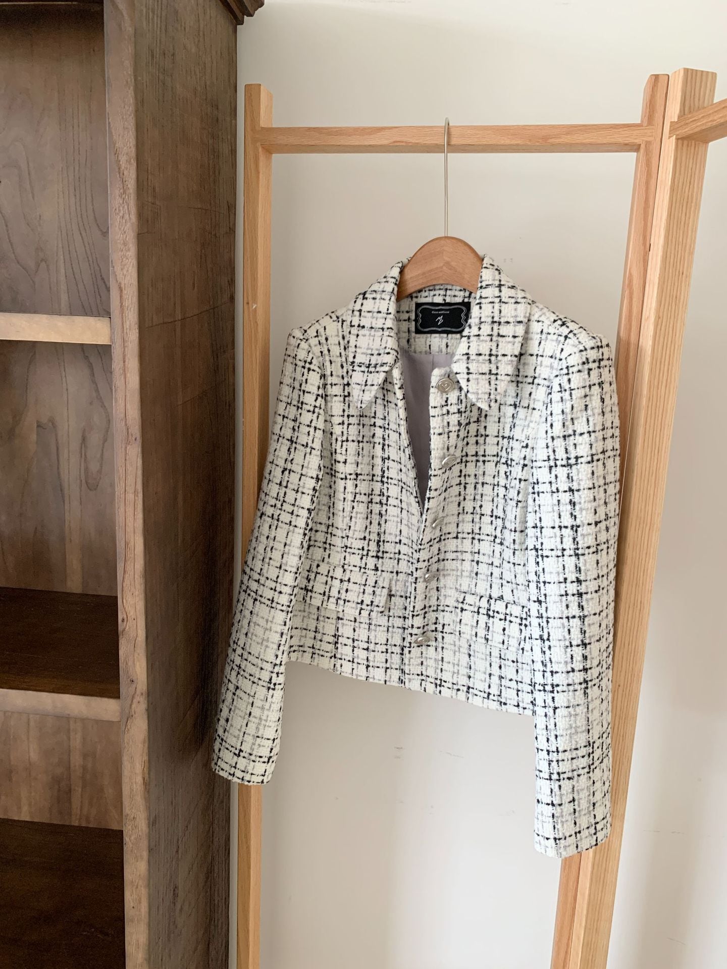 2024春の新作韓国東大門ツイードコートチェック柄ゆったりシングルバックル小香風コート女