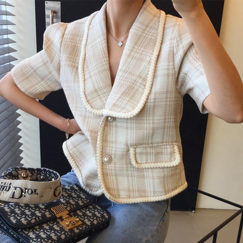 半袖ツイードジャケット アウター ジャケット 袖あり 半袖 Vネック 襟付き 前開き かわいい 大人可愛い きれいめ シンプル カジュアル 大人 上品 おしゃれ お洒落 大人可愛い 大人女子 こなれ感
