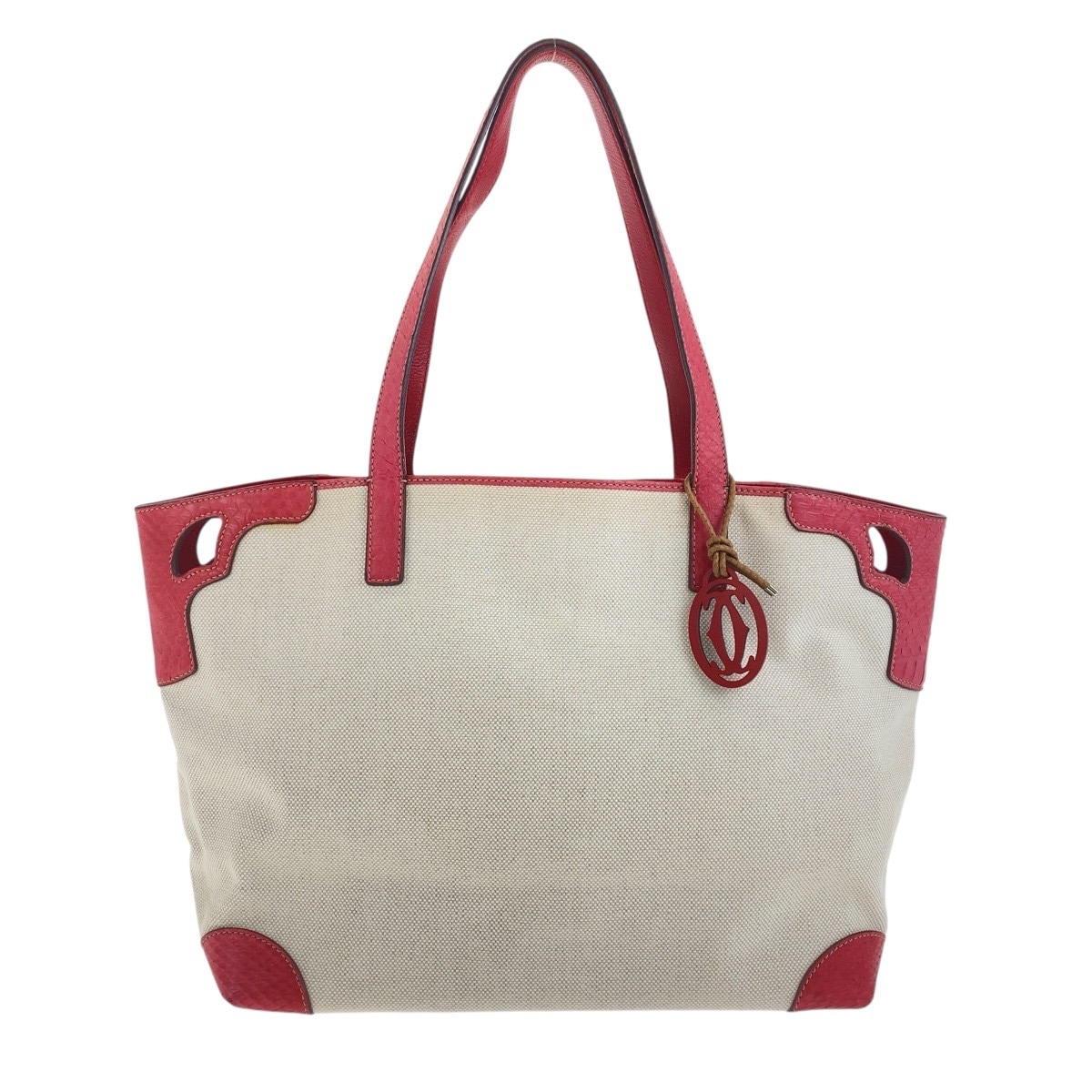 美品 マルチェロ ホワイト ピンク キャンバス/パイソン トートバッグ ショルダーバッグ レディース 504434