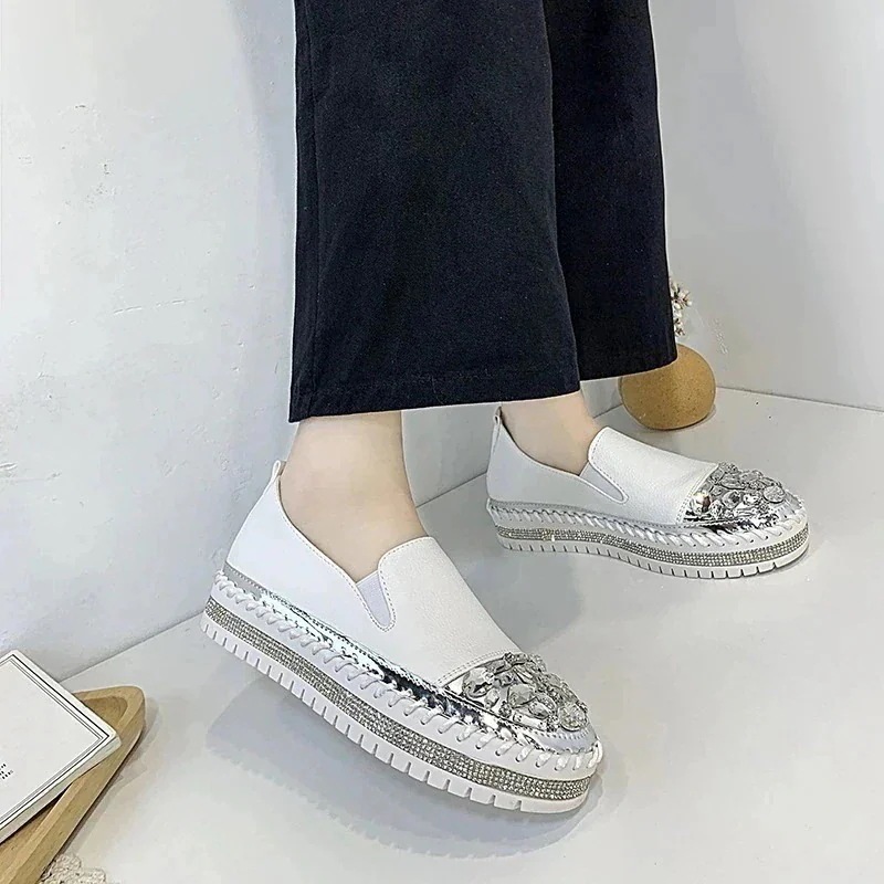 スニーカー かわいい 通学 ローヒール ビジュー おしゃれ レディース フラットシューズ シューズ 厚底 フラット キラキラ カジュアル 黒 白秋冬の最新 限定SALE!の韓国IGスリッポン 仕事