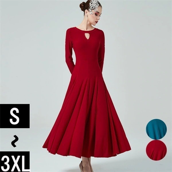 社交ダンス ドレス スタンダード 社交ダンス衣装 ワンピース モダンドレス 大きいサイズ 長袖 ドレス 社交ダンス衣装 赤 ダンス発表会 広がる裾 スタンダードドレス 競技着 練習着 演出用 ワルツダ