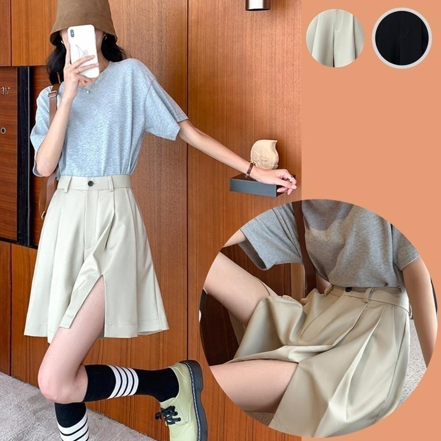 メガ割2タイプ スーツパンツ 五分丈 スプリット ミニスカート風 ハイウェスト ゆる ショートパン