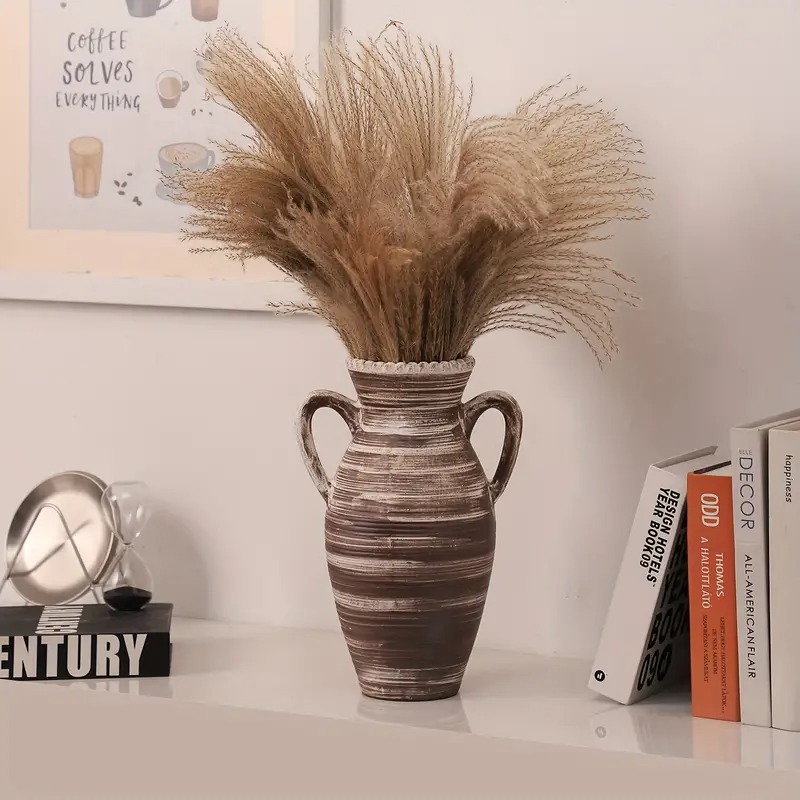 フラワーベース 花瓶 ヴィンテージ風 大きい ブラウン セラミック 幾何学模様 ホームデコレーション ラウンド ドライフラワーフラワーアレンジメント 4-7