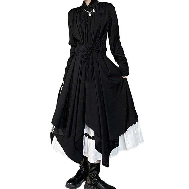 春服 新作 重ね着風ワンピースロング サイドスリット 長袖 セットアップ 2点セット
