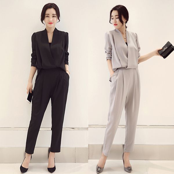 セットアップ スーツ レディース 2点セット S M L XL 韓国 長袖 クール ストレートパンツ モダン ラグジュアリー ロング丈 袖あり Vネック ツーピース かわいい 大人可愛い きれいめ