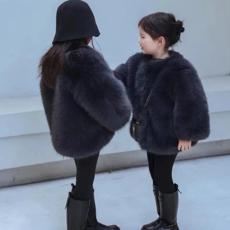 24ガールズファーコートフェイクファーコート厚く暖かいベビーぬいぐるみ服気質女の子ハイレベル