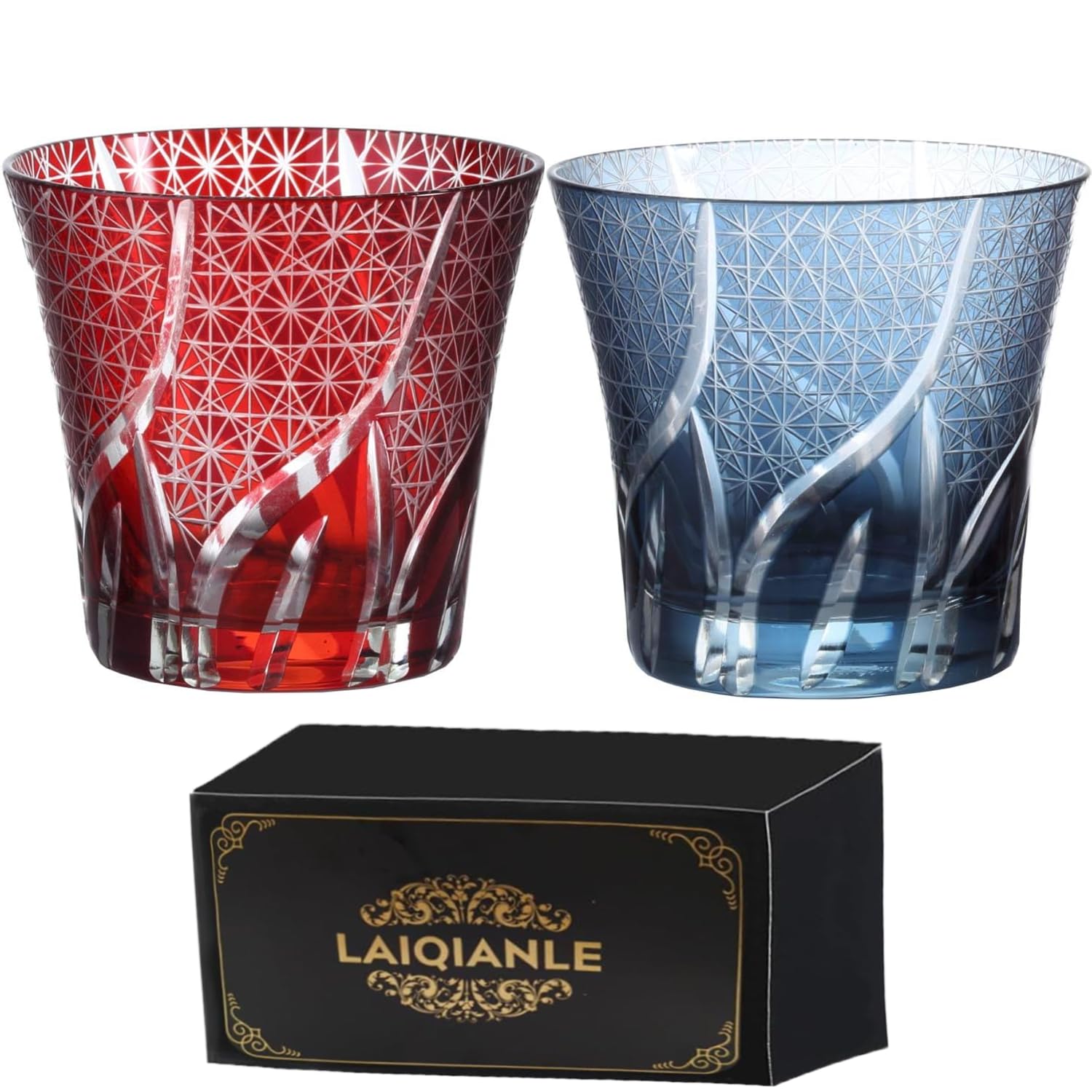 MGOXO 切子 2個 260ml グラス タンブラー ロックグラス ビールグラス ぐい呑み ウィスキー 菊つなぎ 文様 食洗器対応 職人手作り 桐箱入り 日本酒 冷酒 ビール ウイスキー グラス