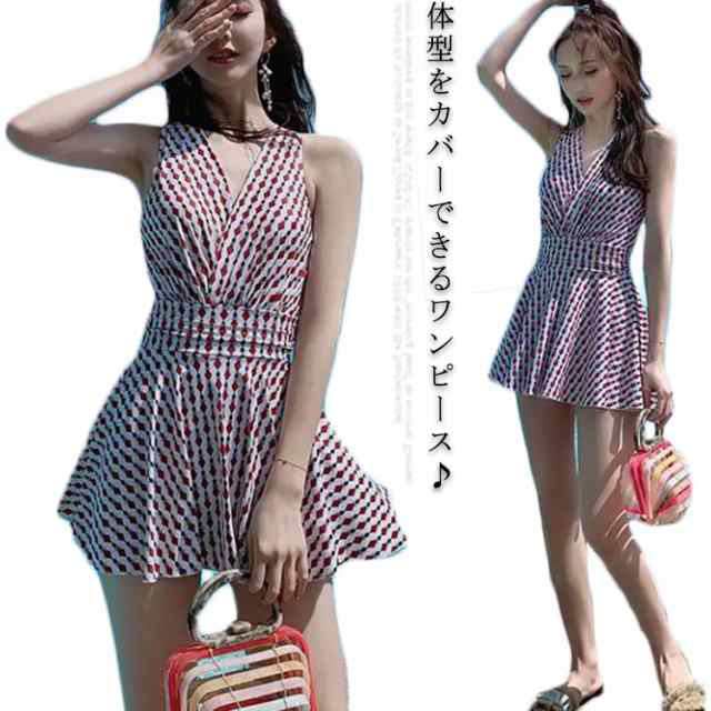 水着 ワンピース 体型カバー水着 レディース Vネック チェック柄 オールインワン