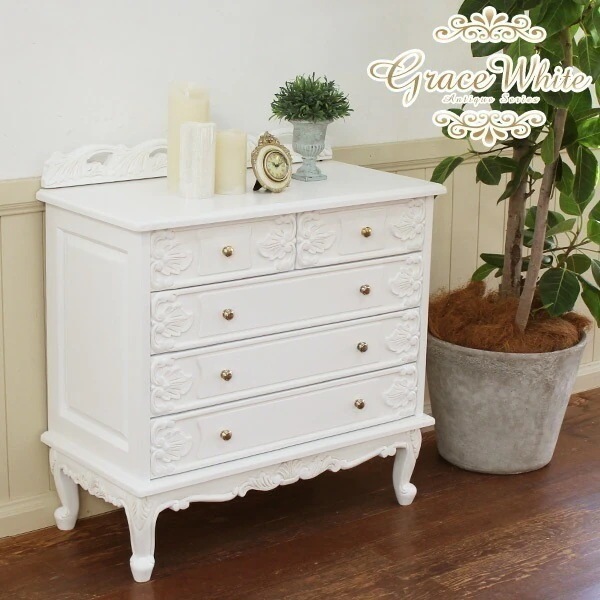 アンティーク チェスト 木製 4段 完成品 アンティーク家具 猫足 家具 チェスト 白 グレイスホワイト 猫脚チェスト大 引出し5杯
