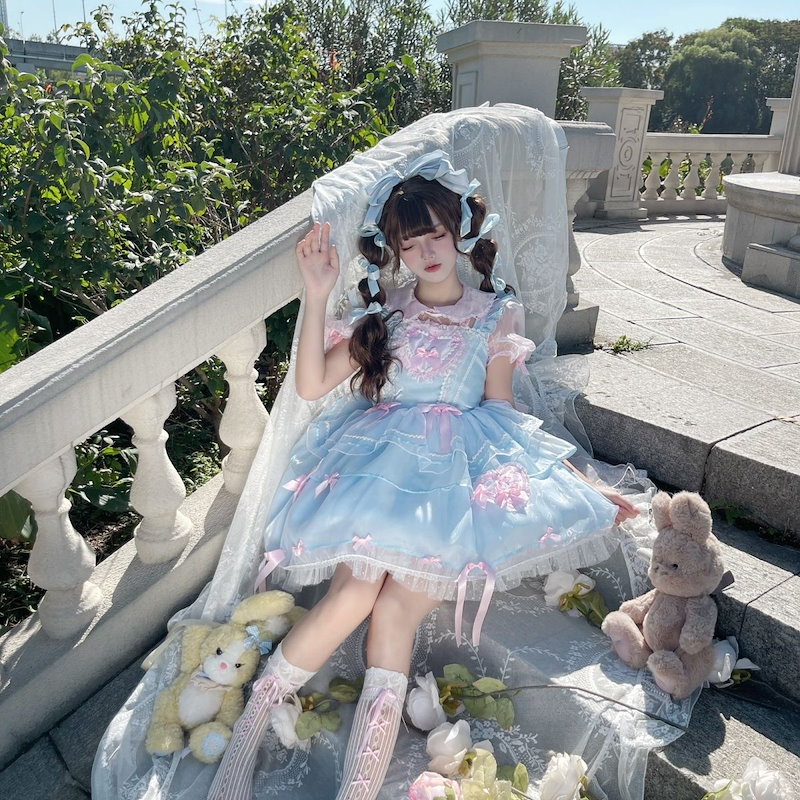 ロリータ ロリータ ブルーとピンクのツーピースロリータドレス