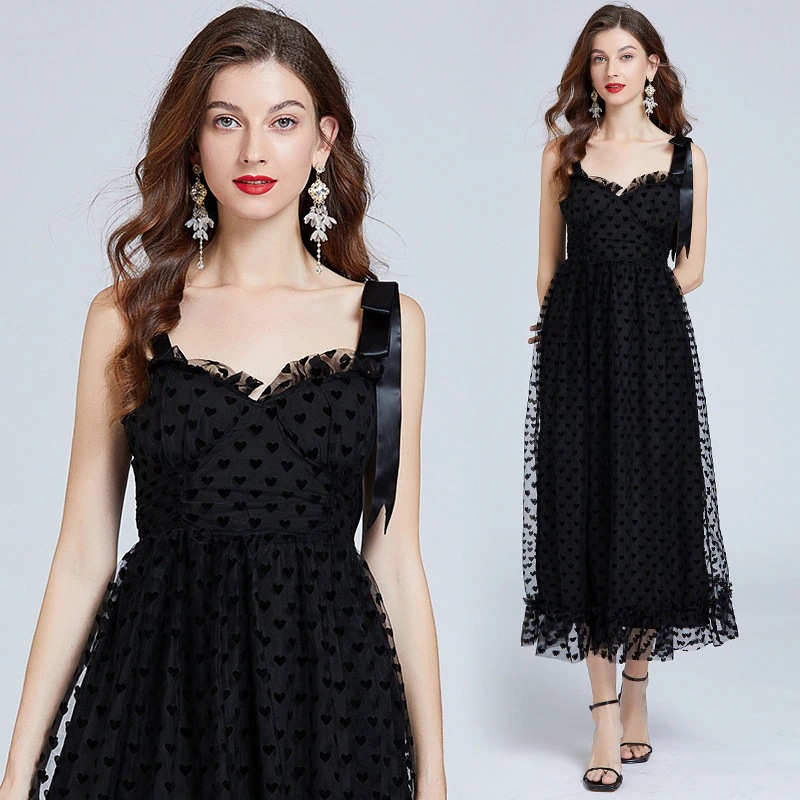 愛植毛立体抹胸ストラップワンピース蝶ネクタイ パーティードレス キャミワンピース