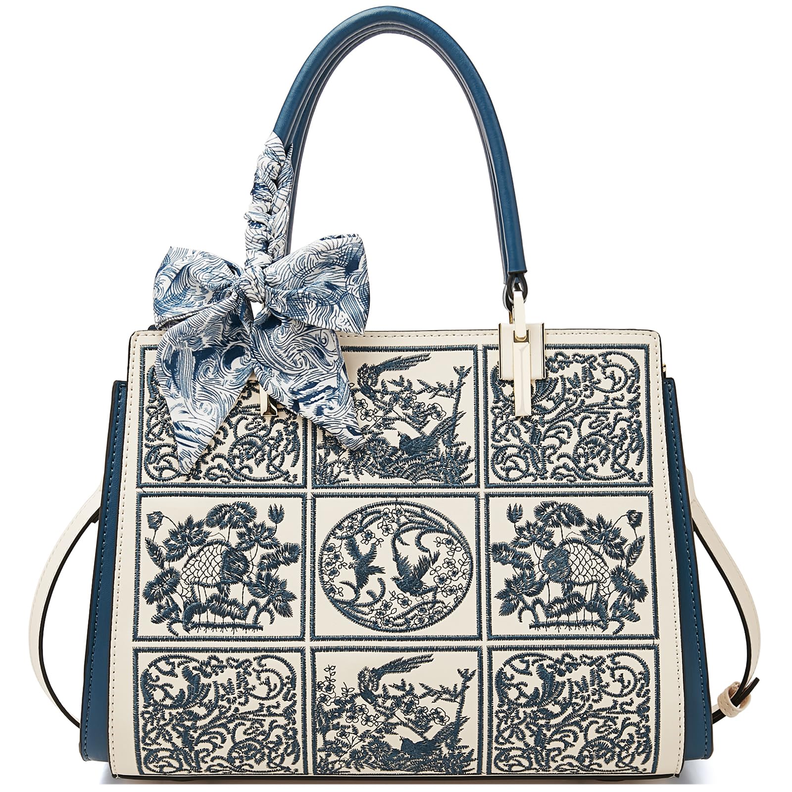 [FOXLOVER] 刺繍柄 ハンドバッグ レディース 人気 ショルダー 斜めがけ 仕切り 牛革 おしゃれ 結婚式 入学式 卒業式 大きめ鞄 2way 大容量 シルクスカーフ付き