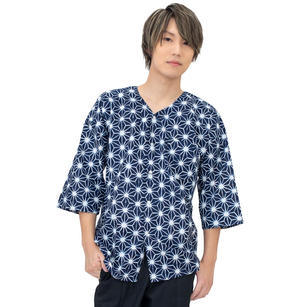 [あい藍] 鯉口シャツ 柄 男女兼用 綿100% 日本製 (JP, アルファベット, 絞り風ー麻の葉 M（ネイビー）)