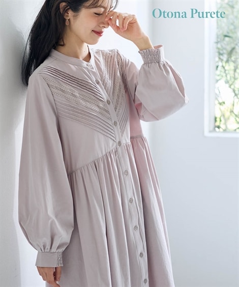 ロング・マキシ丈/半袖 大きいサイズ 綿１００％ピンタックレースワンピース Otona Purete