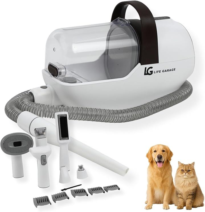 LIFE GARAGE7in1 ペットトリマーセット 犬用掃除機 ペットグルーミング掃除機 3段階調整 低騒音＆初心者向け 多機能ブラシ＆掃除機 自動吸引脱毛ケア 猫 (ホワイト)