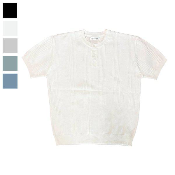 メンズリブ編みヘンリーネック半袖ニットTシャツ RB-KNH-Q093-アイボリー