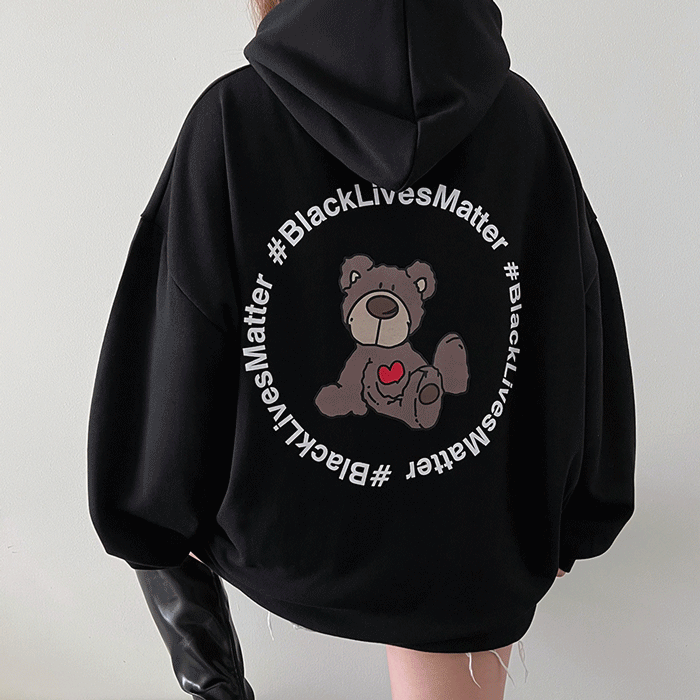 unisex 男女共用 起毛 オーバーフィット ボックス ハート クマさん ビッグプリンティング フードTシャツ 4color