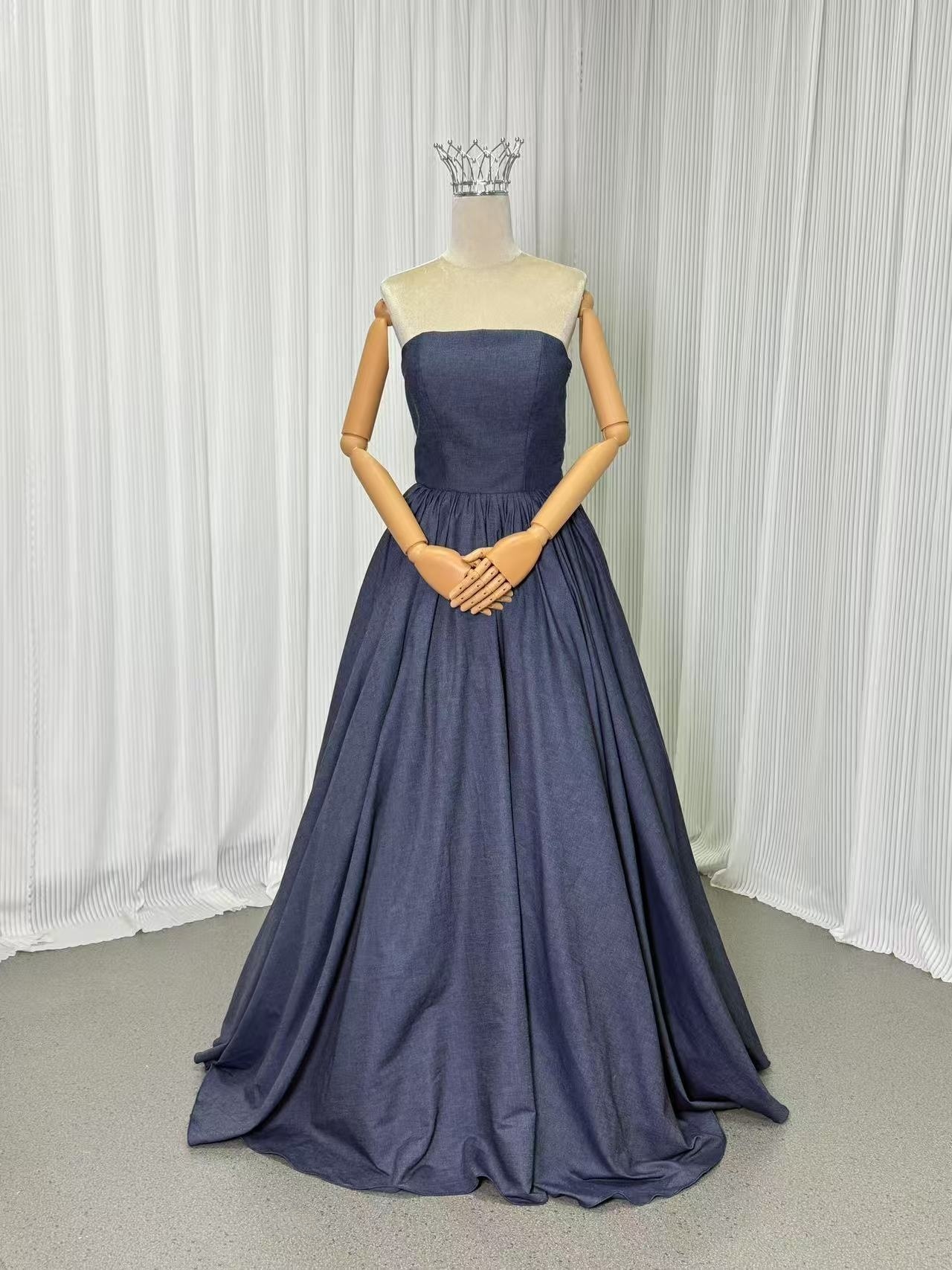 パーティードレス デニムドレス ブルー ベアトップ Aライン 編み上げ 2次会/合コン