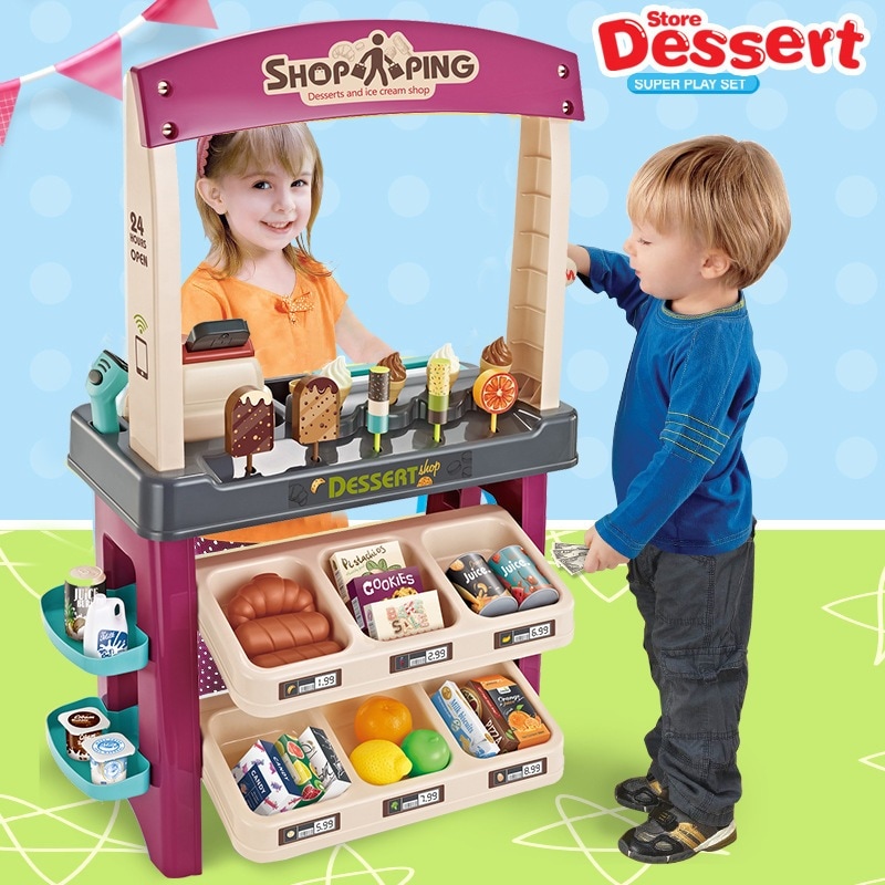 子供用シミュレーションアイスクリームアイスクリームショッピングスーパーマーケットレジ係スキャンカードスワイプキャンディテーブルおもちゃ-66874 パープルグレーモデル 66875 青赤