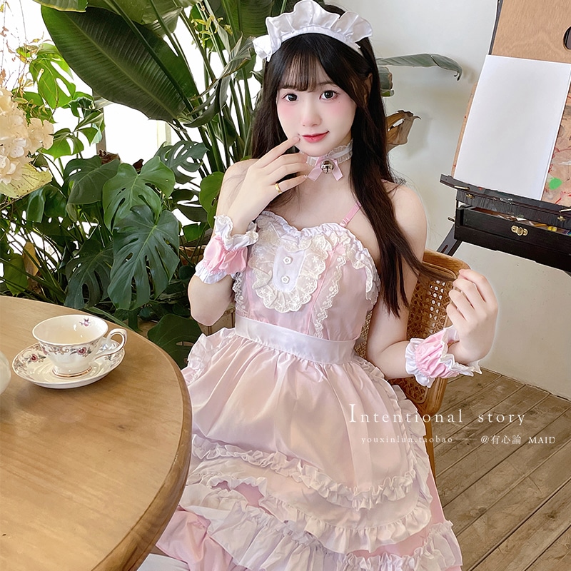 ヤングコメンタリー ピンクと白のメイドロリータサスペンダードレス