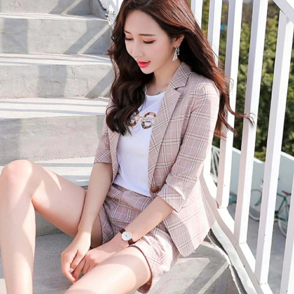 春夏 2点セット サマージャケット 七分袖ジャケット テーラードジャケット レディース スーツ パンツスーツ 夏 セットアップ 七分袖 ショートパンツ チェック グレンチェック柄 オフィス 通勤 サマ