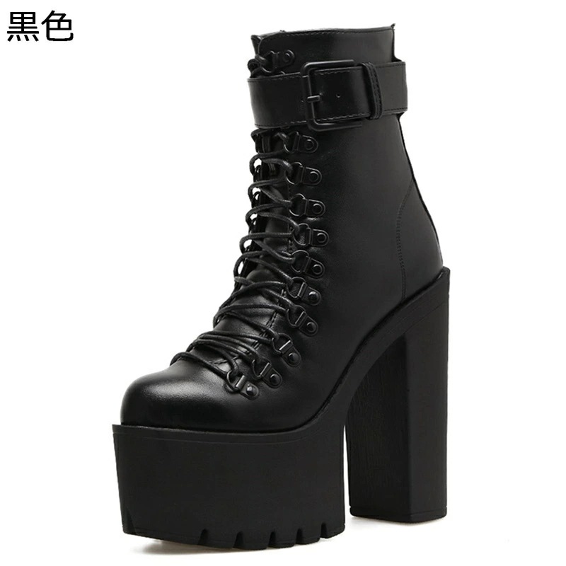 ショートブーツ ハイヒール 14.5cm 身長UP 秋冬 パンク レディース 前厚 バックル 厚底ブーツ チャンキーヒール ゴシック ロック 舞台 レースアップ 疲れにくい 柔軟性 軽い 衝撃吸収 ダ
