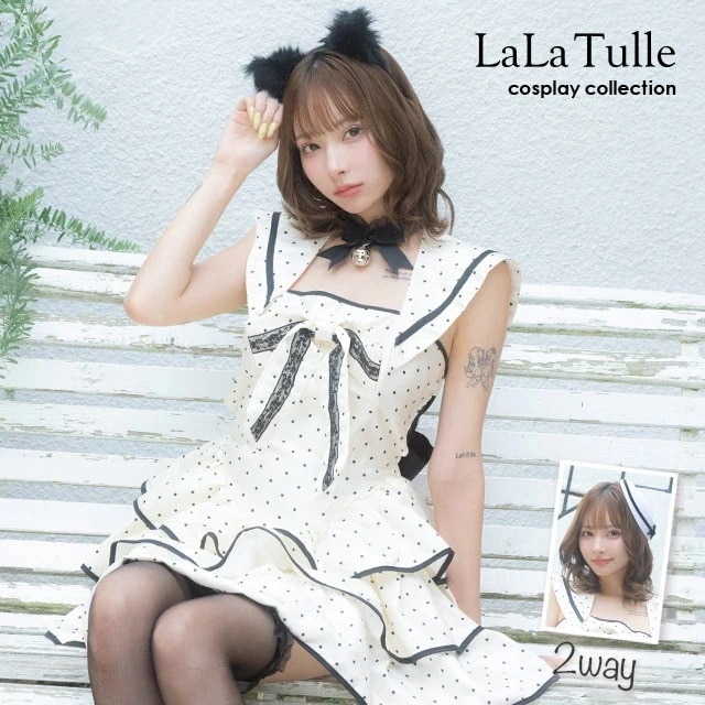 ハロウィンコスプレ 2way ドット柄 マリン 猫 コスプレ 4点セット アニマル 猫コス 白 黒猫 体型カバー セットアップ ミニドレス ネコ カチューシャ 帽子 猫耳 レディース