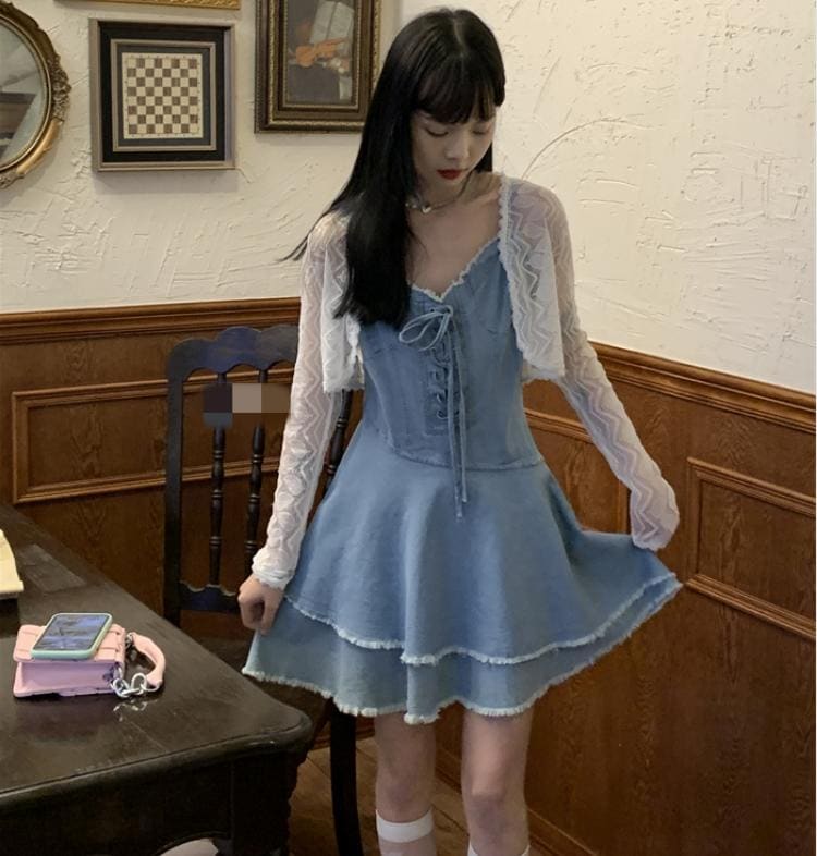 ジャンスカ サスペンダー デニムワンピース レディース ゴム飾り オシャレ おしゃれ 美しい スウィート ケーキワンピース ボリューム ウエストマーク ステキ 楽ちん　カジュアル　かぶるタイプ　ノース