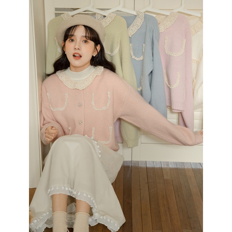 秋冬 レースつぎて ニットカーディガン コート着 甘い かわいい シングルバックル 長袖 上着 プリンセススカート