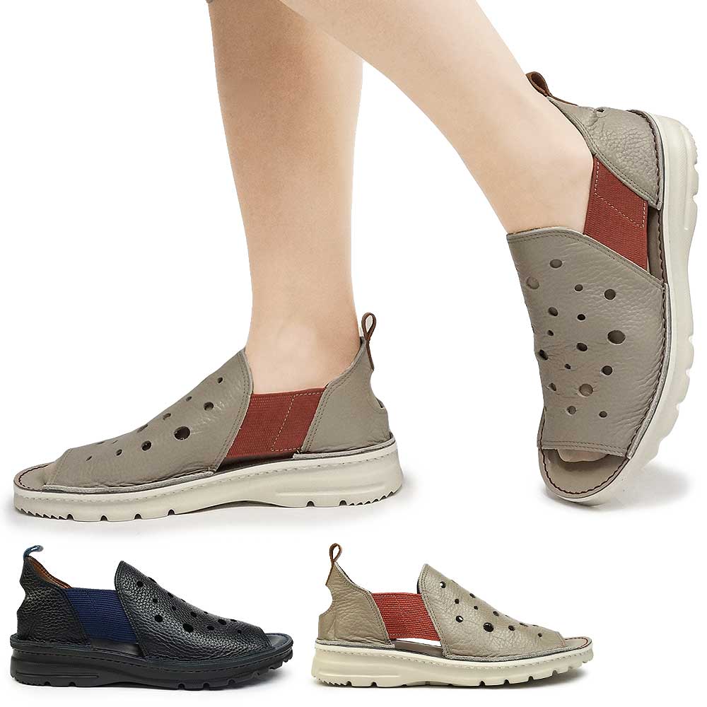 サンダル レディース EF7258 撥水加工 レザー 本革 軽量 日本製 4E 幅広