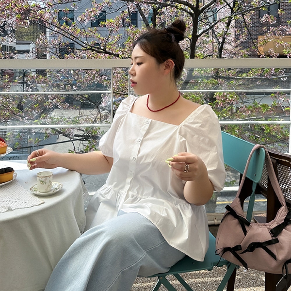 (JSTYLEのイーブレット) イーブレットテリアンスクエアネックパフシャーリングブラウス JSTYLEシャツ・ブラウス