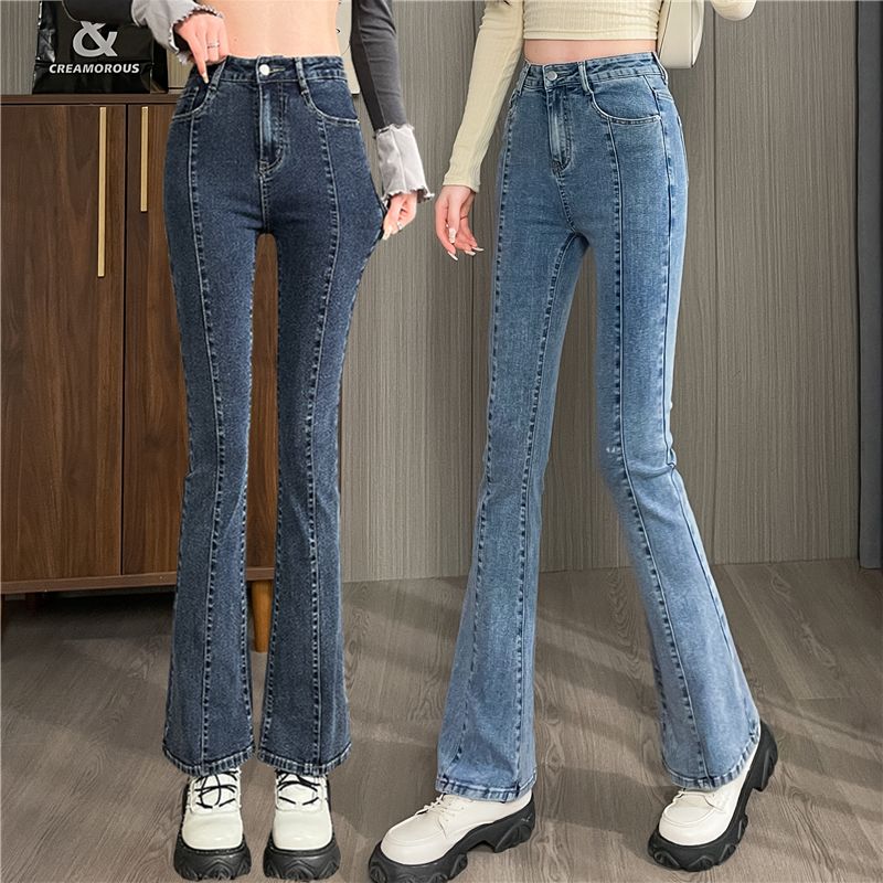 大人気！ 脚長効果 スキニーデニムパンツ 小柄通勤ハイウエスト継ぎ目スリムマイクロフレアジーンズ レディース 韓国 デニム ジーンズ