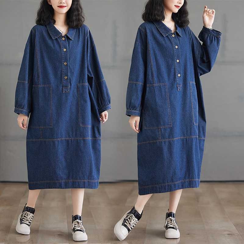 「ファットガール」 2024秋新品 レトロ デニムワンピース 大きいサイズ 体型カバー レディース ロングワンピース メガ割30%までに制限