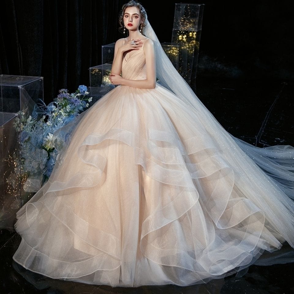 シャンパンカラー韓国風ライトウェディングドレスブライダルサスペンダーメインガーゼスカート2025年女性の新しいお出かけスタイルガーゼは感があり