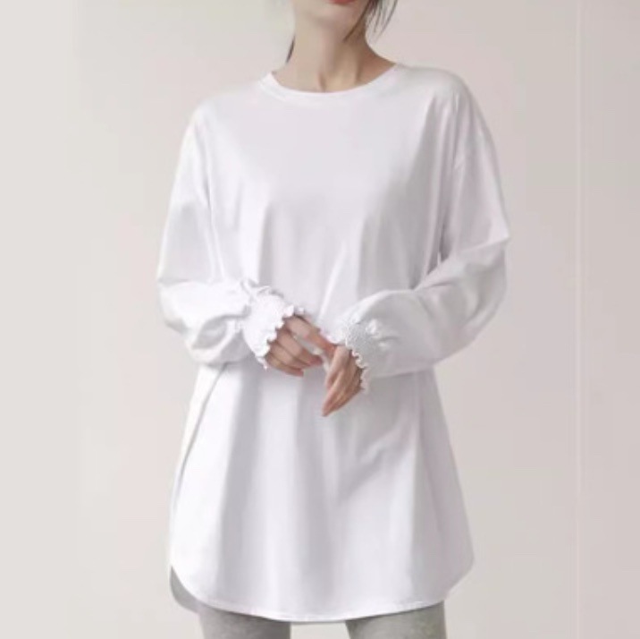 レディース トップス ロンT カットソー プルオーバー ロング 長袖 フリル袖 袖口リブ Uネック ラウンドネック セミフレア Aライン オーバーサイズ ストリート アメカジ かわいい 大人可愛い