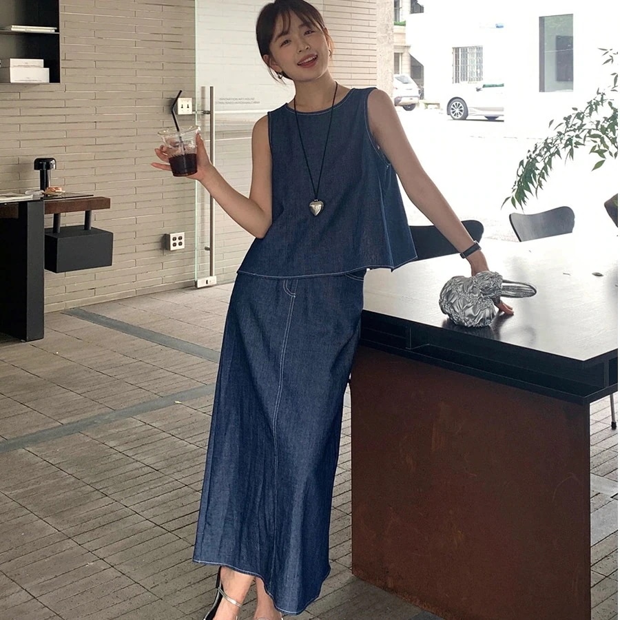 夏 セットアップ 上下セット タンクトップ スカート 話題サテンスカート 薄手 マキシスカート スリット デニム 気質 小香風 ゆったり 体型カバー 流行り