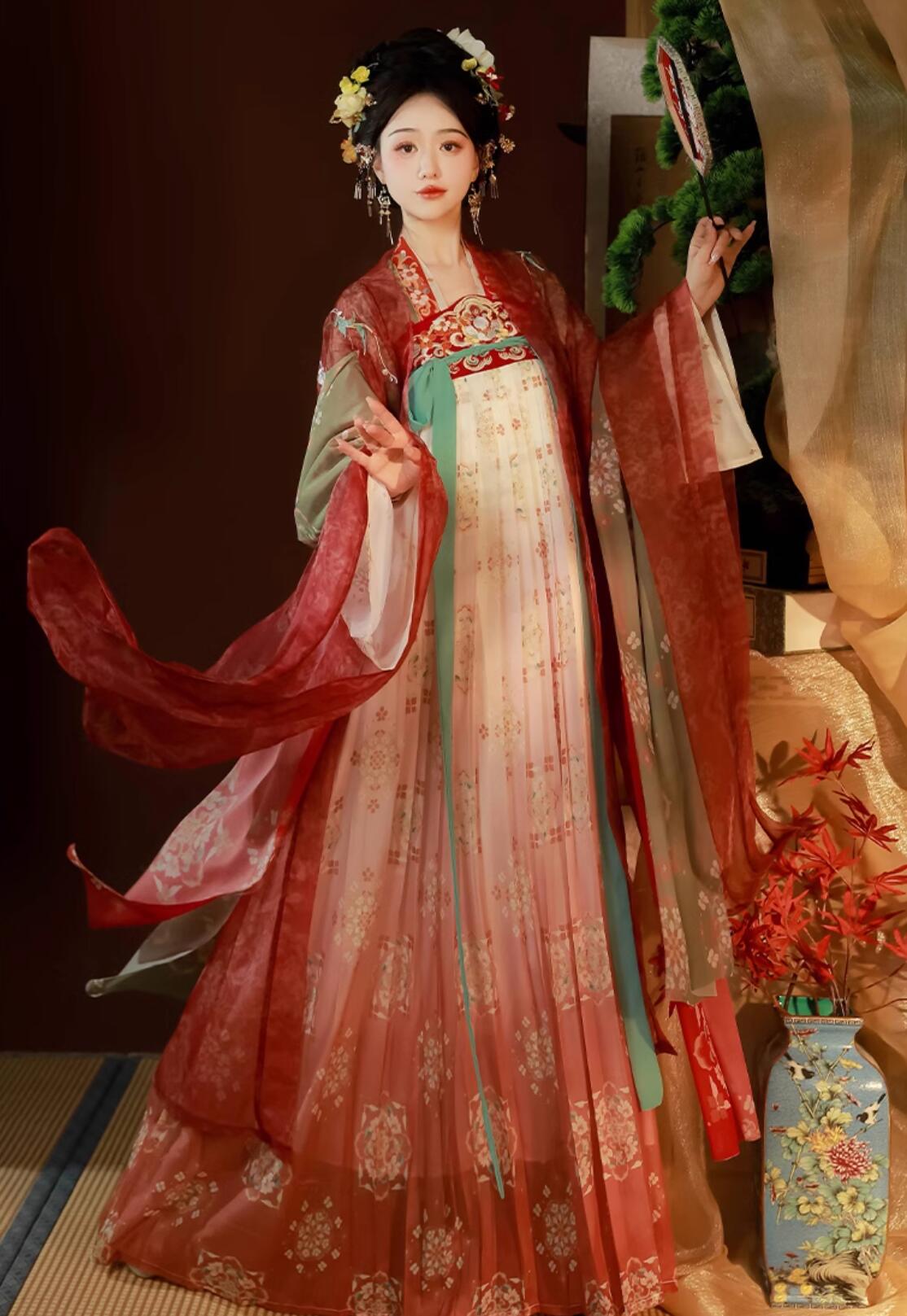 中華衣裳 豪華6点セット レディース 漢服ドレス 中華コスプレ衣裳 中国古代 宮廷 お姫様 皇后 貴妃 コスチューム 変装 仮装 華やか チャイナ服 振袖羽織とストール2点付き エスニック 花柄 プ