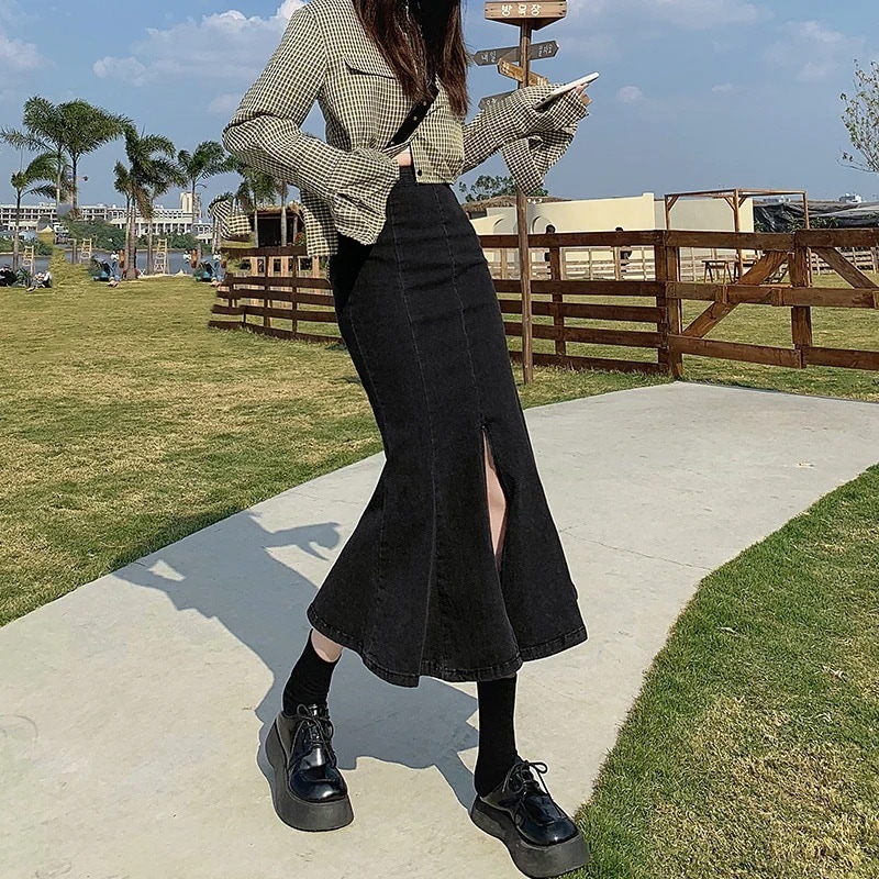 ハイウエスト フィッシュテイル マーメイド フェミニン エレガント シンプル スカート ロングスカート デニムスカート ミモレ ミモレ丈 フレア セミフレア デニム かわいい 大人可愛い きれいめ