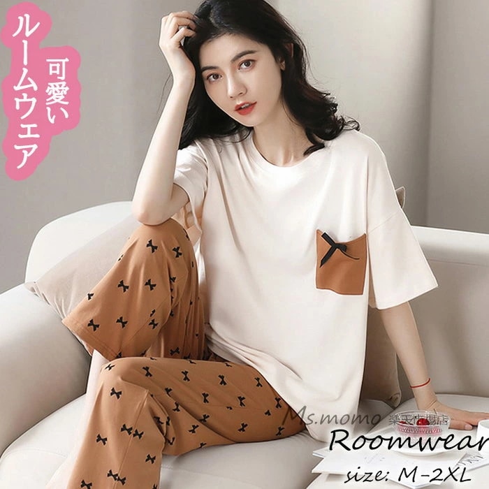 パジャマ ルームウェア レディース 春夏 半袖パジャマ 可愛いルームウェア リボン ロング丈パンツ上下セット パジャマ 女性 部屋着 カジュアル 大きいサイズ 快適 韓国風シンプル