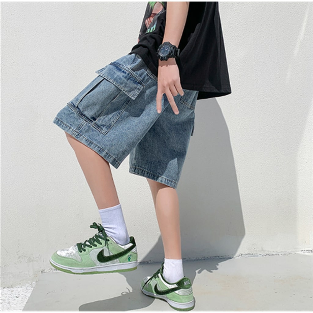 メンズ カジュアルデニム 膝丈ショートパンツ カーゴパンツ ボトムス パンツ Gパン ズボン ワイドパンツ デニムパンツ ポケット ショートパンツ ひざ丈 ワイド ルーズ シンプル カジュアル 大人