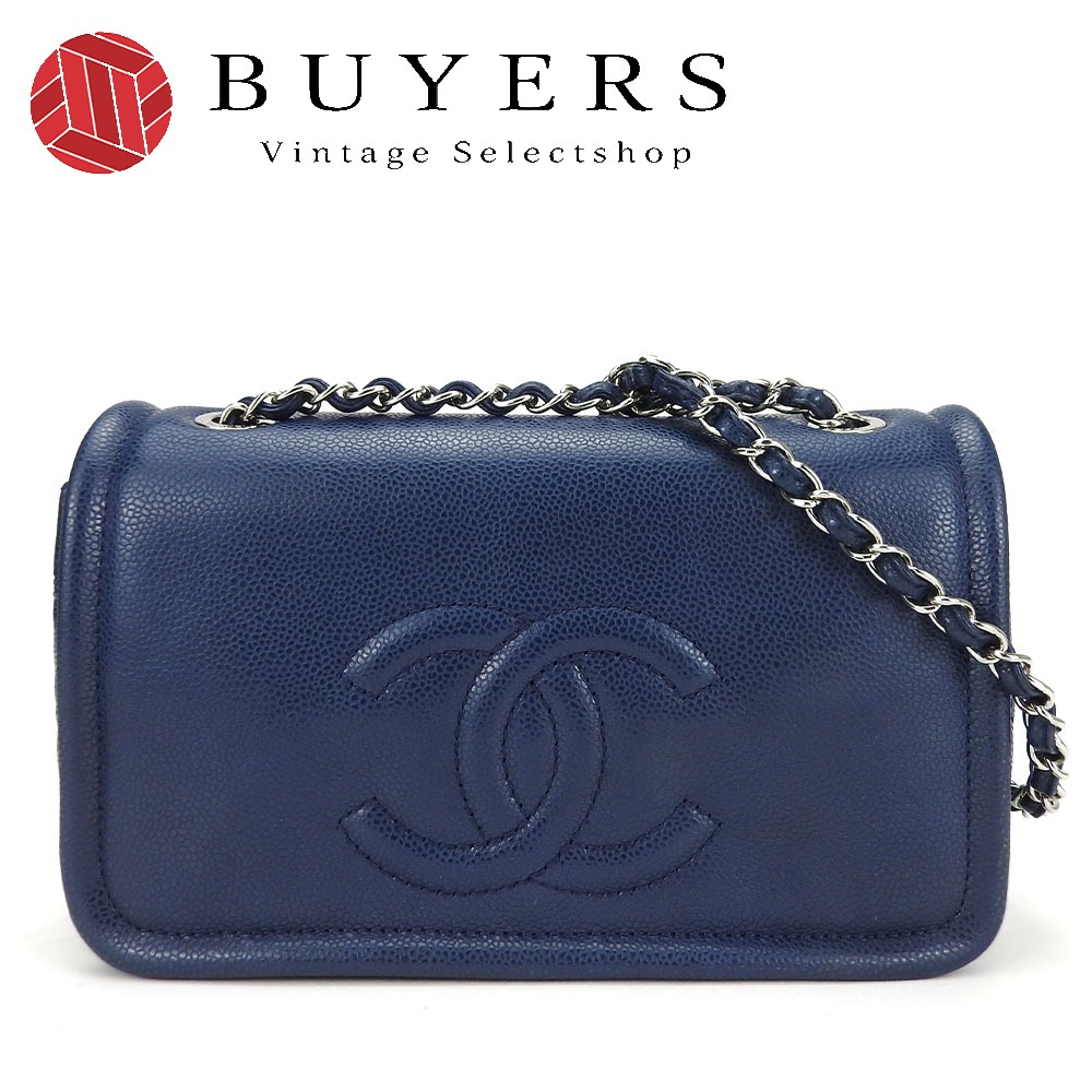 中古 ショルダーバッグ マトラッセ キャビアスキン ネイビー シルバー金具 デカココ Wチェーンショルダー 13番台 レディース 女性
