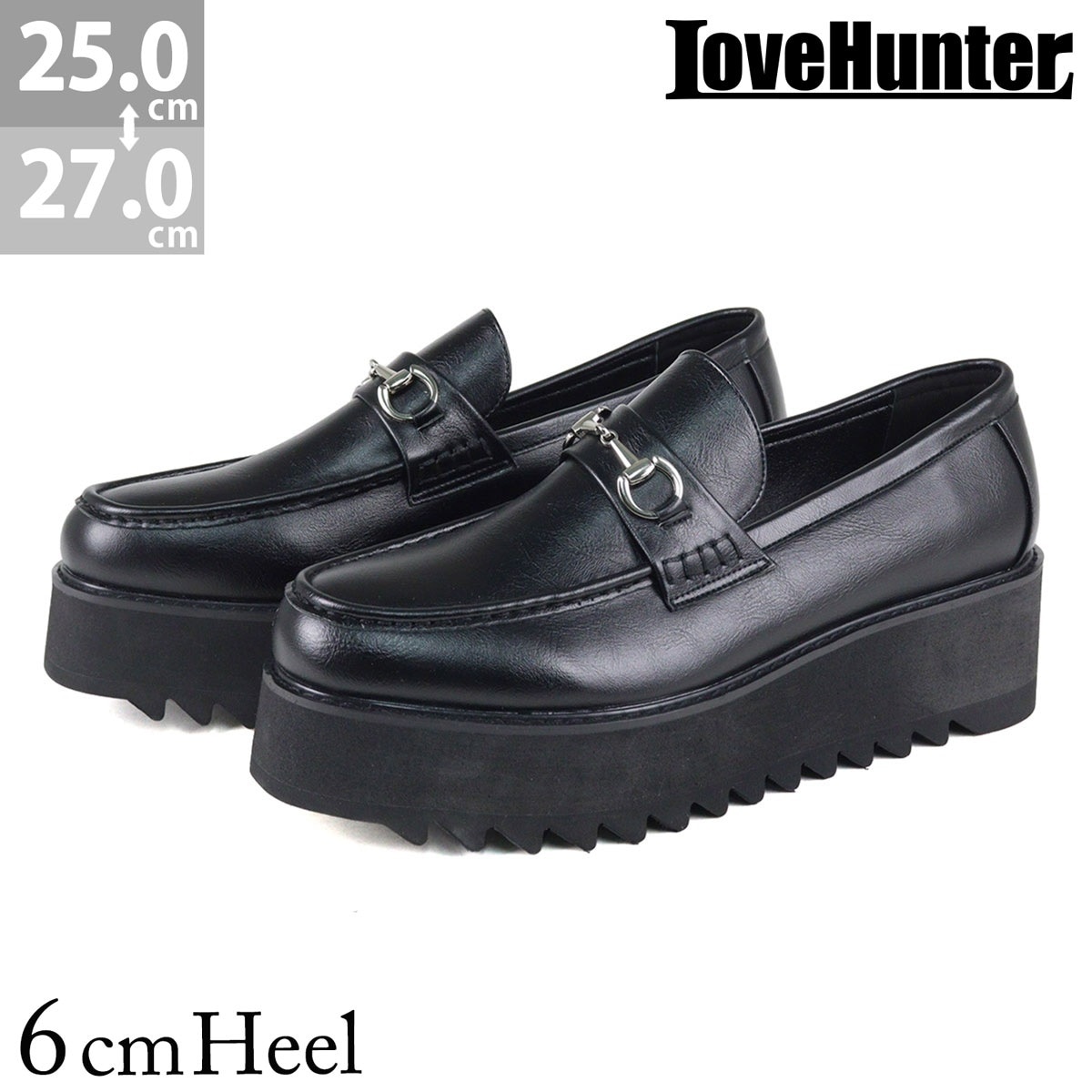 ローファー メンズ 厚底 6.0cmヒール 防滑 ボリュームソール シャークソール 滑りにくい ラウンドトゥ 3E ゆったり レザー 合成皮革 身長アップ No.1736 25.0-27.0cm 黒