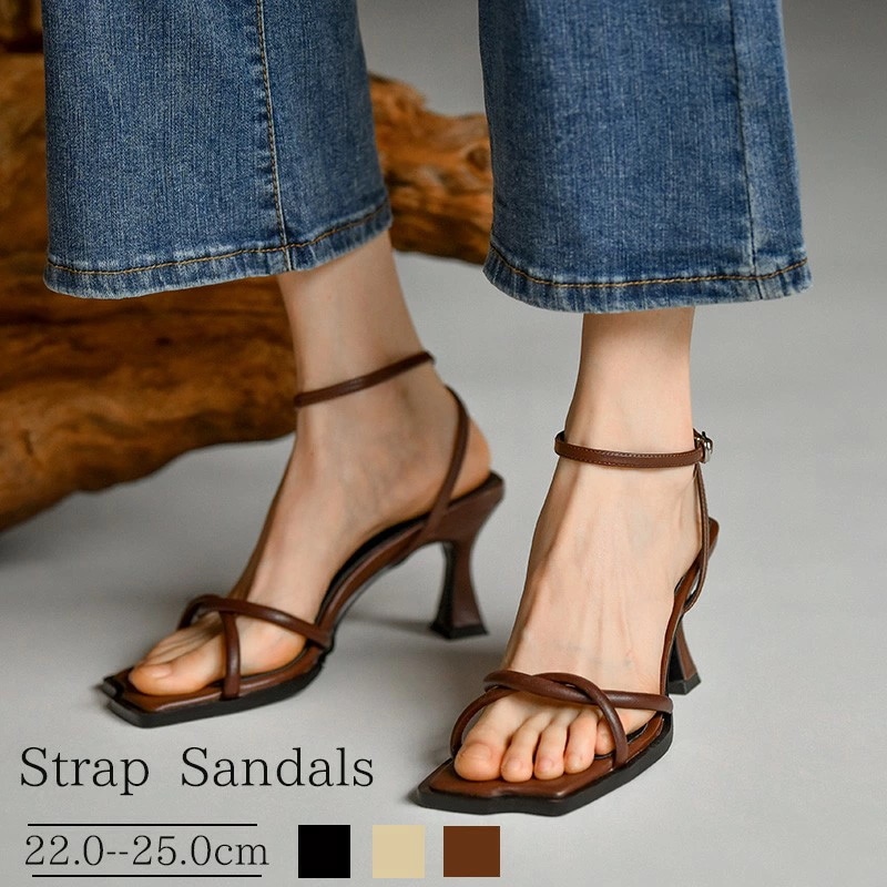 ストラップサンダル 華奢サンダル 細ストラップ レディース 美脚 春夏 シンプル きれいめ 大人 レディースサンダル 20代 30代 40代 エレガント ブラウン ブラック イエロー 22.0～25.