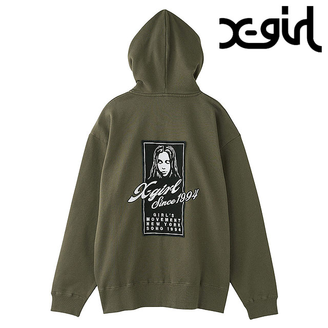 フェイスボックスパッチ ジップアップスウェットフーディー [105253012005] レディース xgirl トップス フルジップ パーカー OLIVE 正規取扱店